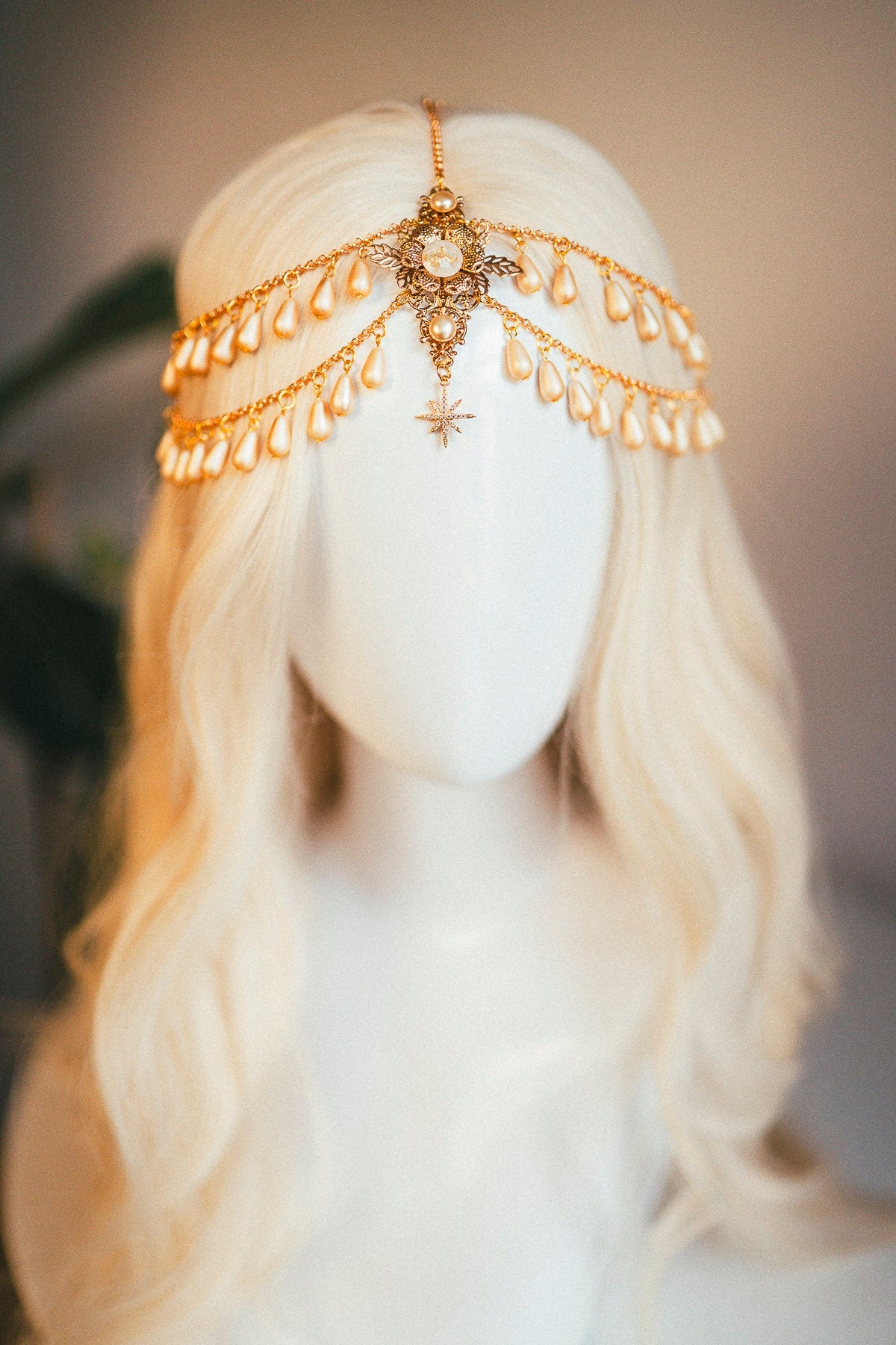 Celestial jewellery, Chain Headband, Festival Headpiece, Pearl Crown, Wedding crown, Bridal headpiece, Bridal crown, Hair accessories, Boho