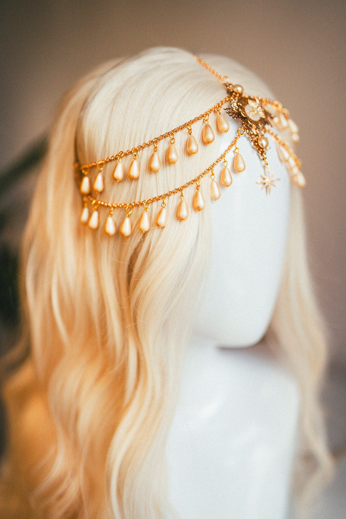 Celestial jewellery, Chain Headband, Festival Headpiece, Pearl Crown, Wedding crown, Bridal headpiece, Bridal crown, Hair accessories, Boho