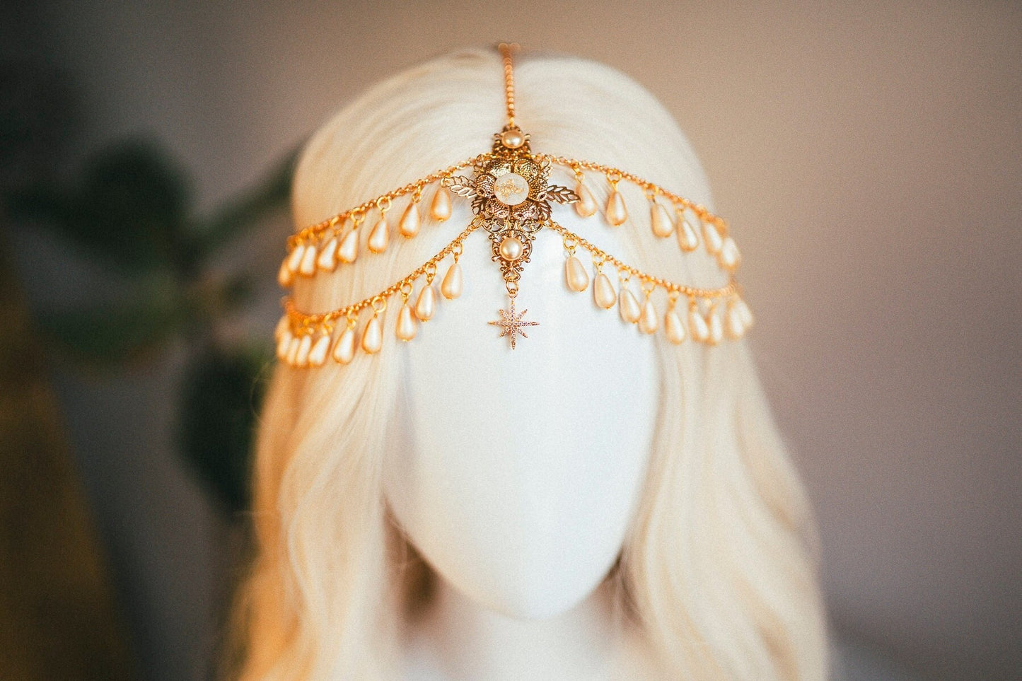 Celestial jewellery, Chain Headband, Festival Headpiece, Pearl Crown, Wedding crown, Bridal headpiece, Bridal crown, Hair accessories, Boho