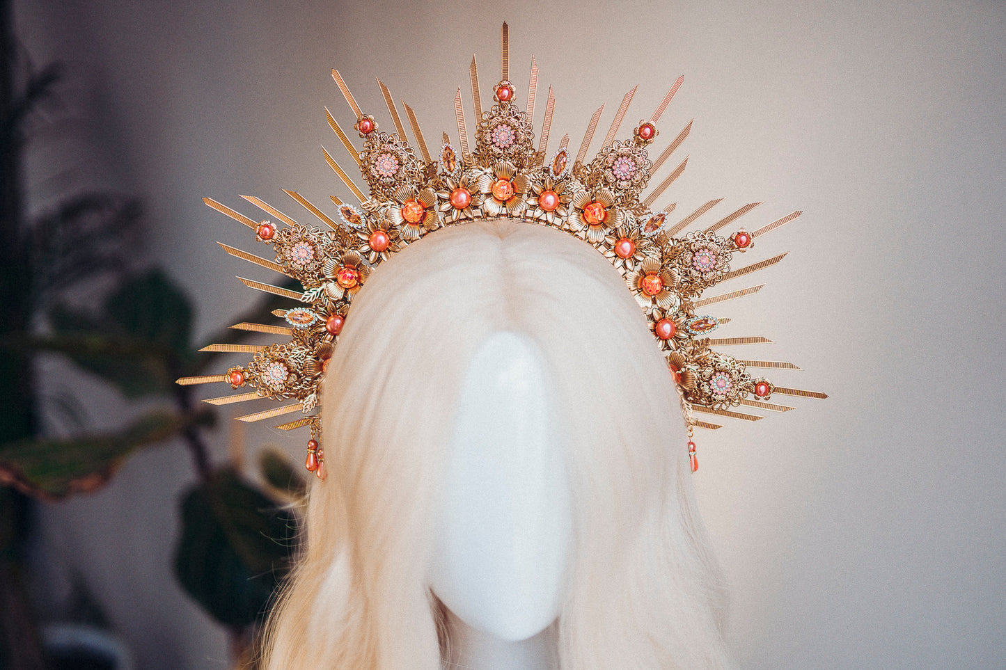 Gold Halo Crown, Halo Headpiece, Festival crown, Festival headpiece, Peach Coral Halo, Wedding Crown, Halo crown, Boho Wedding,Halo Headband