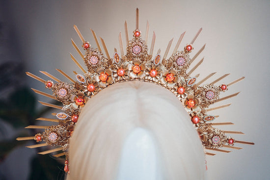 Gold Halo Crown, Halo Headpiece, Festival crown, Festival headpiece, Peach Coral Halo, Wedding Crown, Halo crown, Boho Wedding,Halo Headband