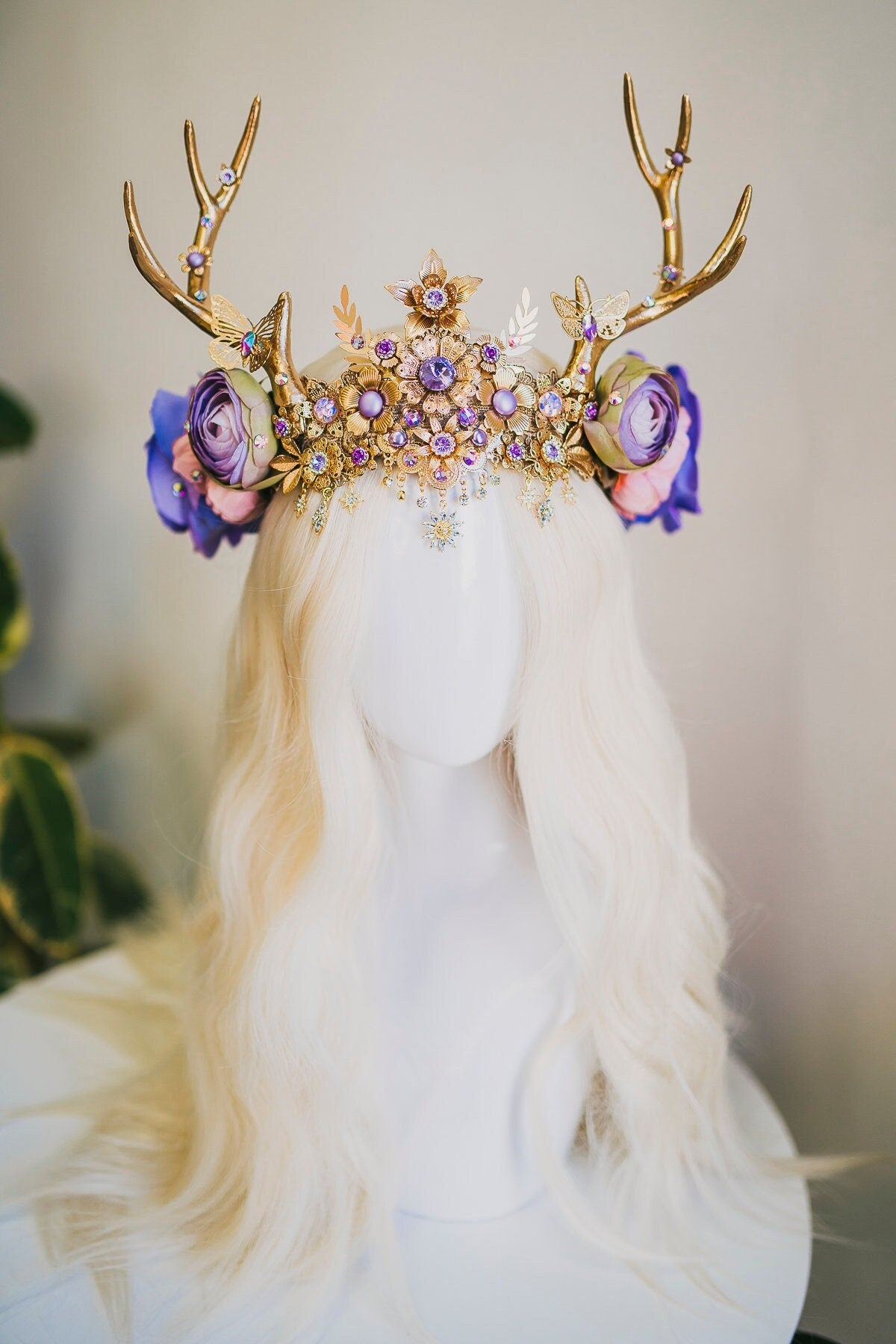 Flower crown, Lavender headband, Flower deer antlers, Gold crown, Christmas Party, Reindeer crown, Fairy crown, Elven tiara, Deer crown