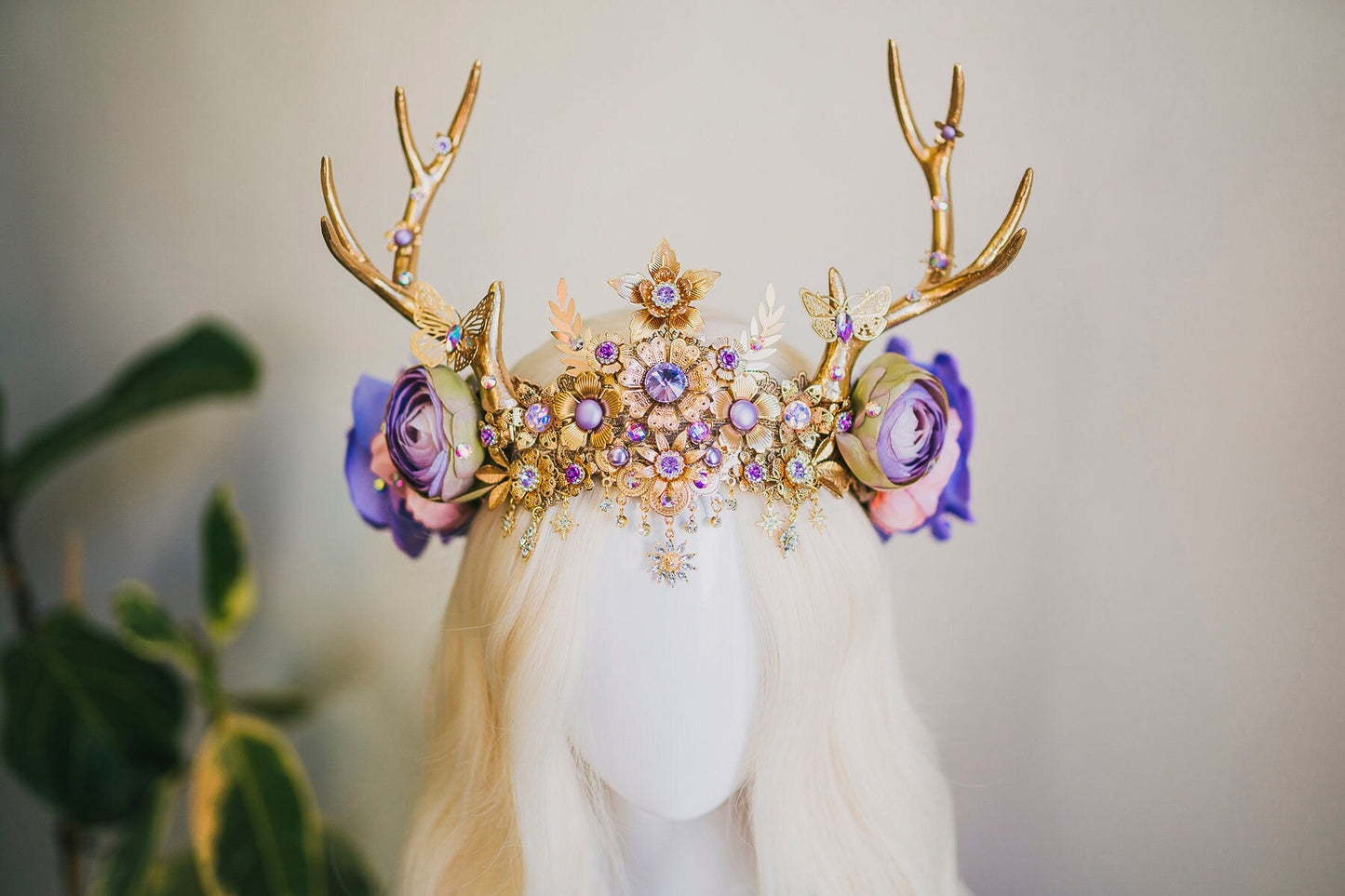 Flower crown, Lavender headband, Flower deer antlers, Gold crown, Christmas Party, Reindeer crown, Fairy crown, Elven tiara, Deer crown