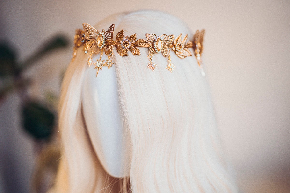 Gold crown with beige rhinestones, Butterfly crown, Butterfly headpiece, Wedding crown, Bridal headpiece, Fairy crown, Elven crown