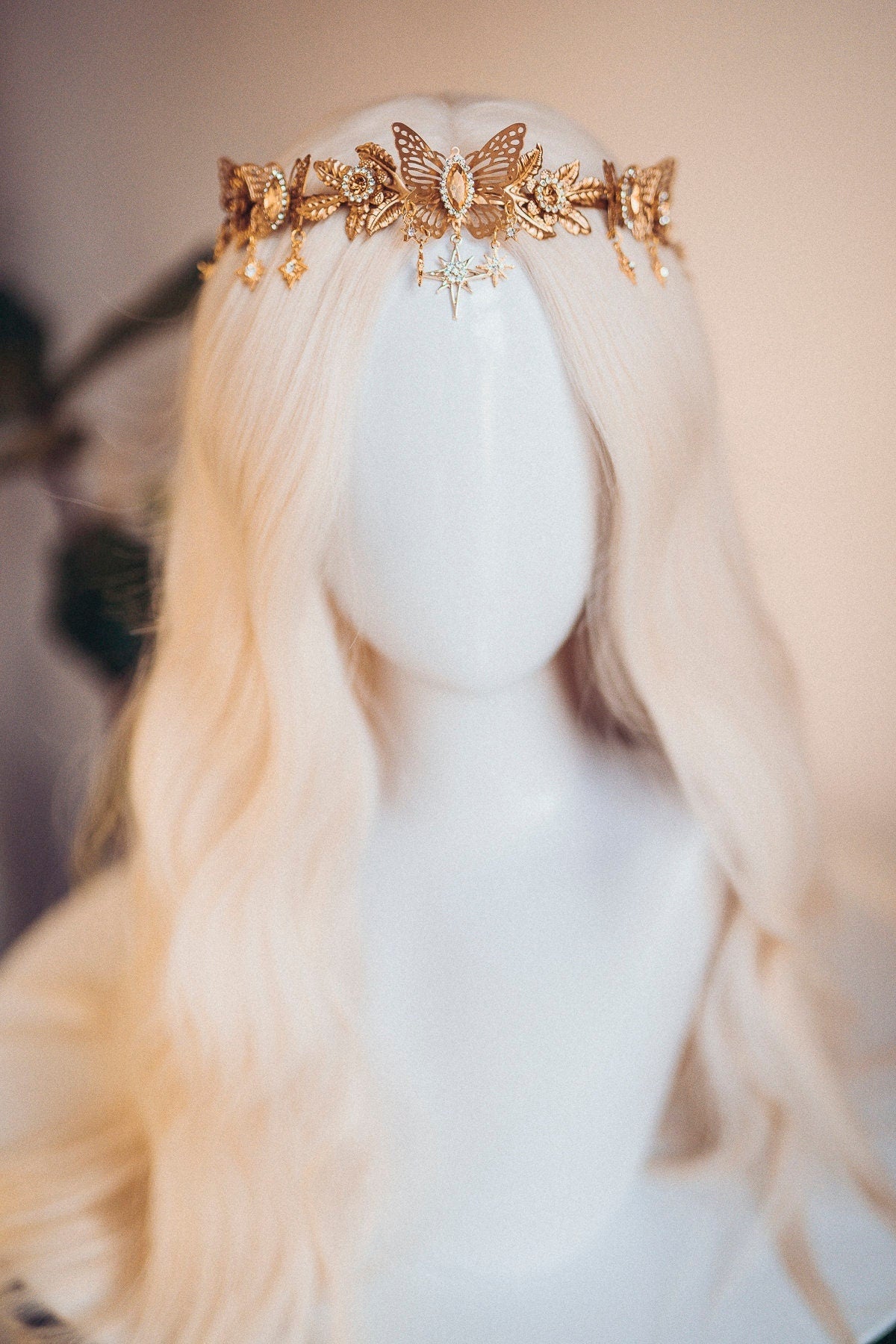 Gold crown with beige rhinestones, Butterfly crown, Butterfly headpiece, Wedding crown, Bridal headpiece, Fairy crown, Elven crown