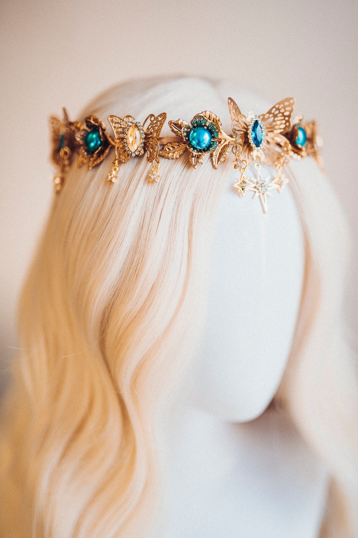 Gold crown with turquoise rhinestones, Butterfly crown, Butterfly headpiece, Wedding crown, Bridal headpiece, Fairy crown, Elven crown