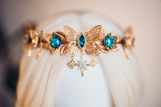 Gold crown with turquoise rhinestones, Butterfly crown, Butterfly headpiece, Wedding crown, Bridal headpiece, Fairy crown, Elven crown