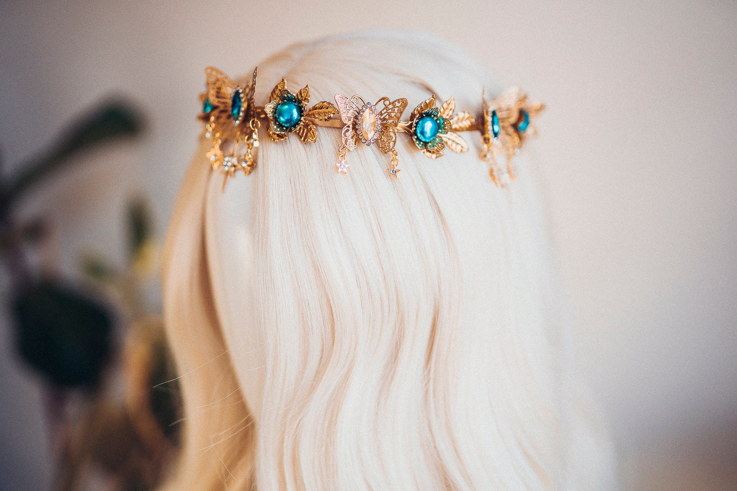 Gold crown with turquoise rhinestones, Butterfly crown, Butterfly headpiece, Wedding crown, Bridal headpiece, Fairy crown, Elven crown