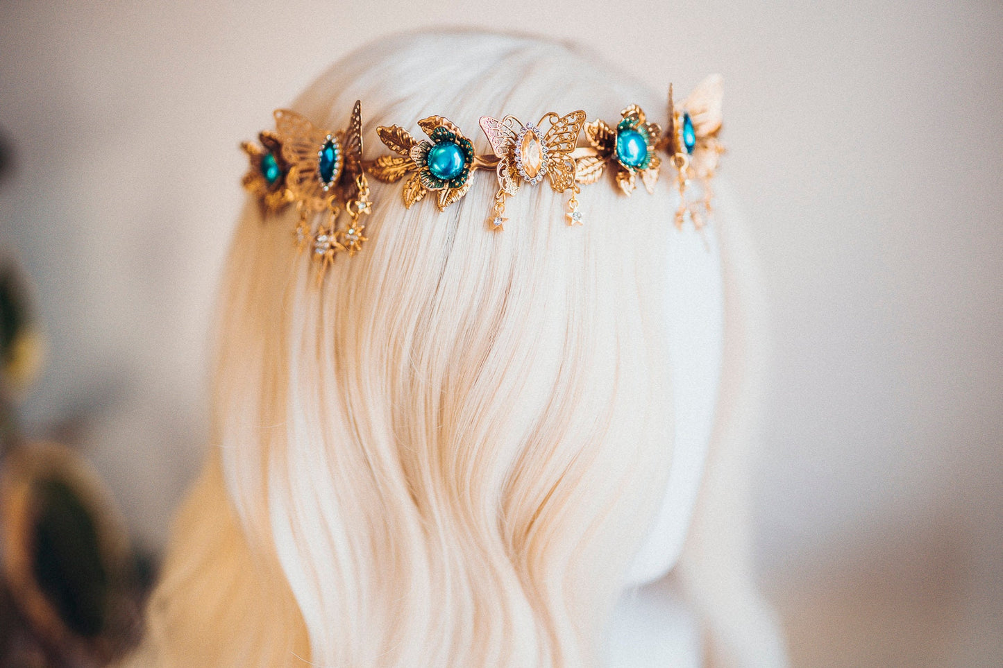 Butterfly Flower Tiara, Gold Headpiece with Teal Crystals Stars Butterflies, Elegant Bridal Crown for Weddings Festivals Special Occasions