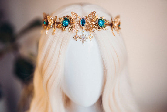 Gold crown with turquoise rhinestones, Butterfly crown, Butterfly headpiece, Wedding crown, Bridal headpiece, Fairy crown, Elven crown