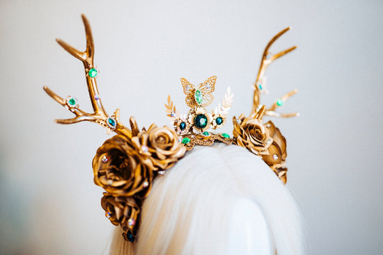 Deer Flower Crown, Headband, Headpiece, Gold Horns Crown, Green Tiara, Halloween Party Crown, Festival, Burning man, Halloween, Deer Costume