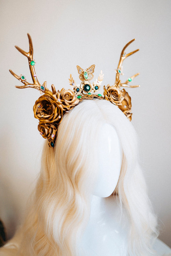 Deer Flower Crown, Headband, Headpiece, Gold Horns Crown, Green Tiara, Halloween Party Crown, Festival, Burning man, Halloween, Deer Costume