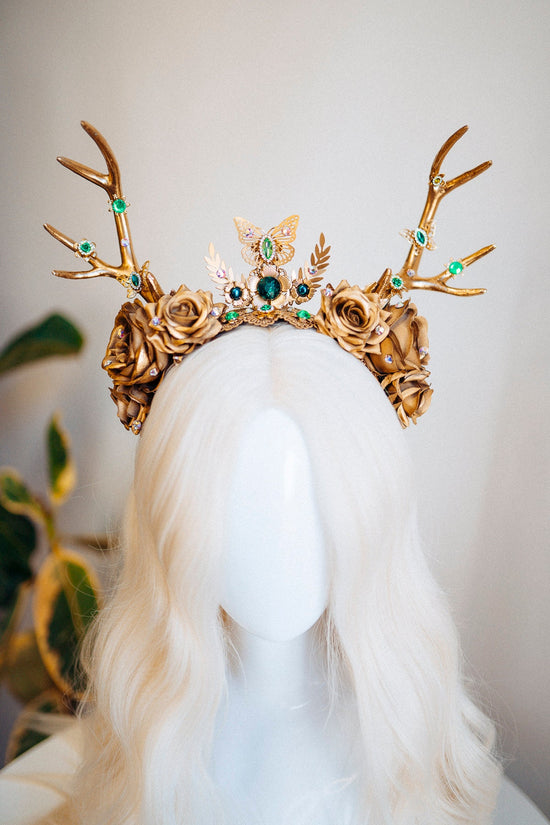 Deer Flower Crown, Headband, Headpiece, Gold Horns Crown, Green Tiara, Halloween Party Crown, Festival, Burning man, Halloween, Deer Costume