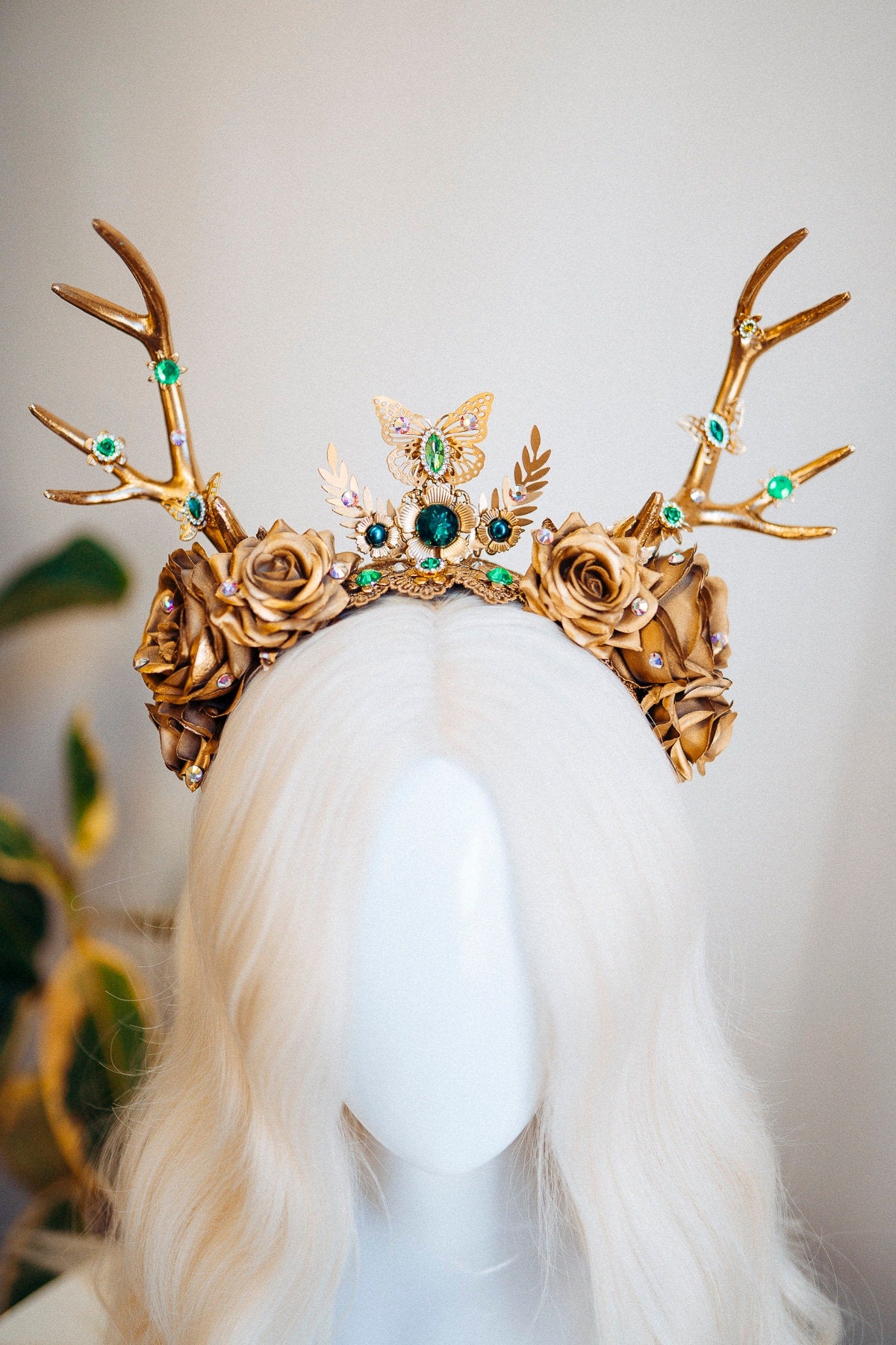 Deer Flower Crown, Headband, Headpiece, Gold Horns Crown, Green Tiara, Halloween Party Crown, Festival, Burning man, Halloween, Deer Costume