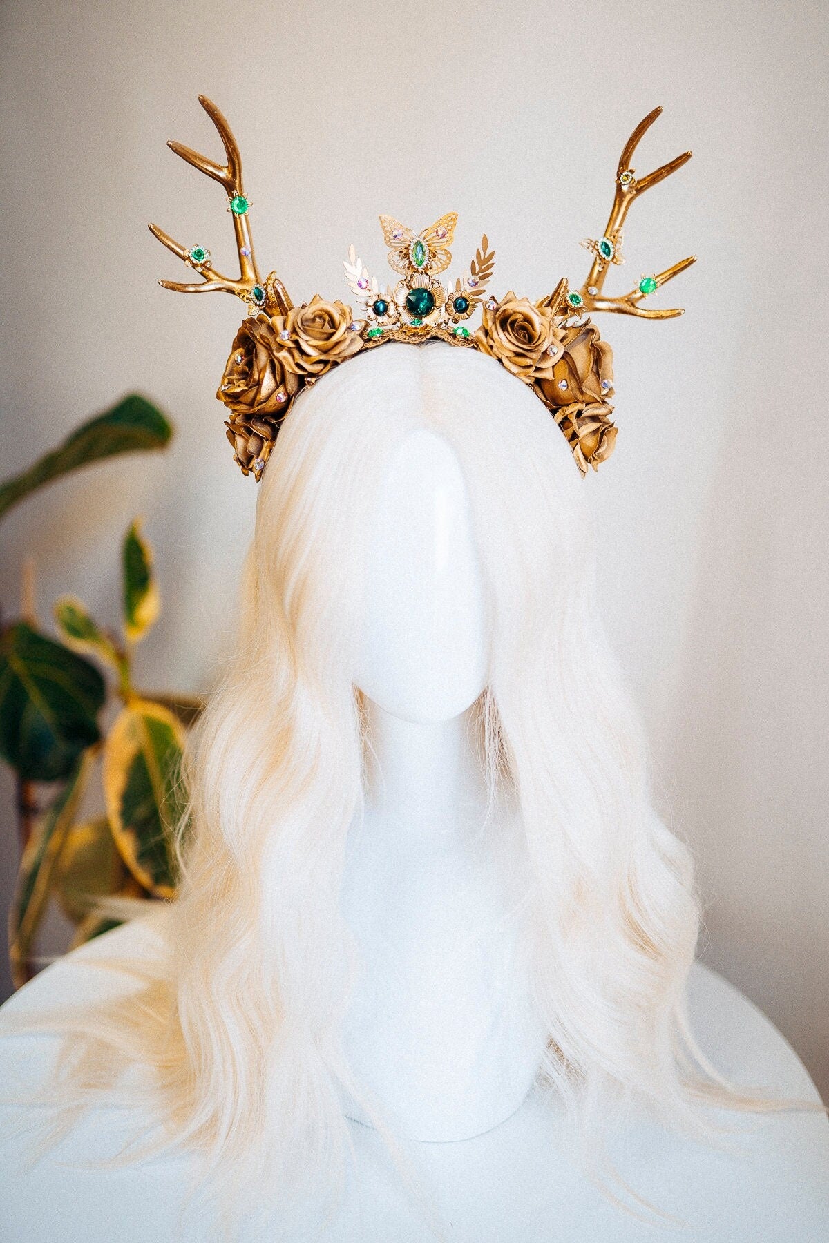 Deer Flower Crown, Headband, Headpiece, Gold Horns Crown, Green Tiara, Halloween Party Crown, Festival, Burning man, Halloween, Deer Costume