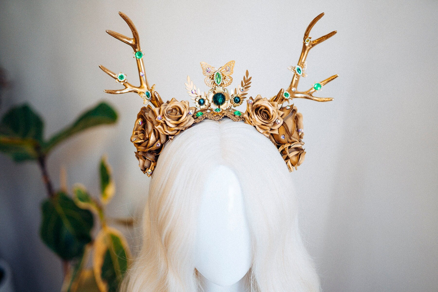 Deer Flower Crown, Headband, Headpiece, Gold Horns Crown, Green Tiara, Halloween Party Crown, Festival, Burning man, Halloween, Deer Costume