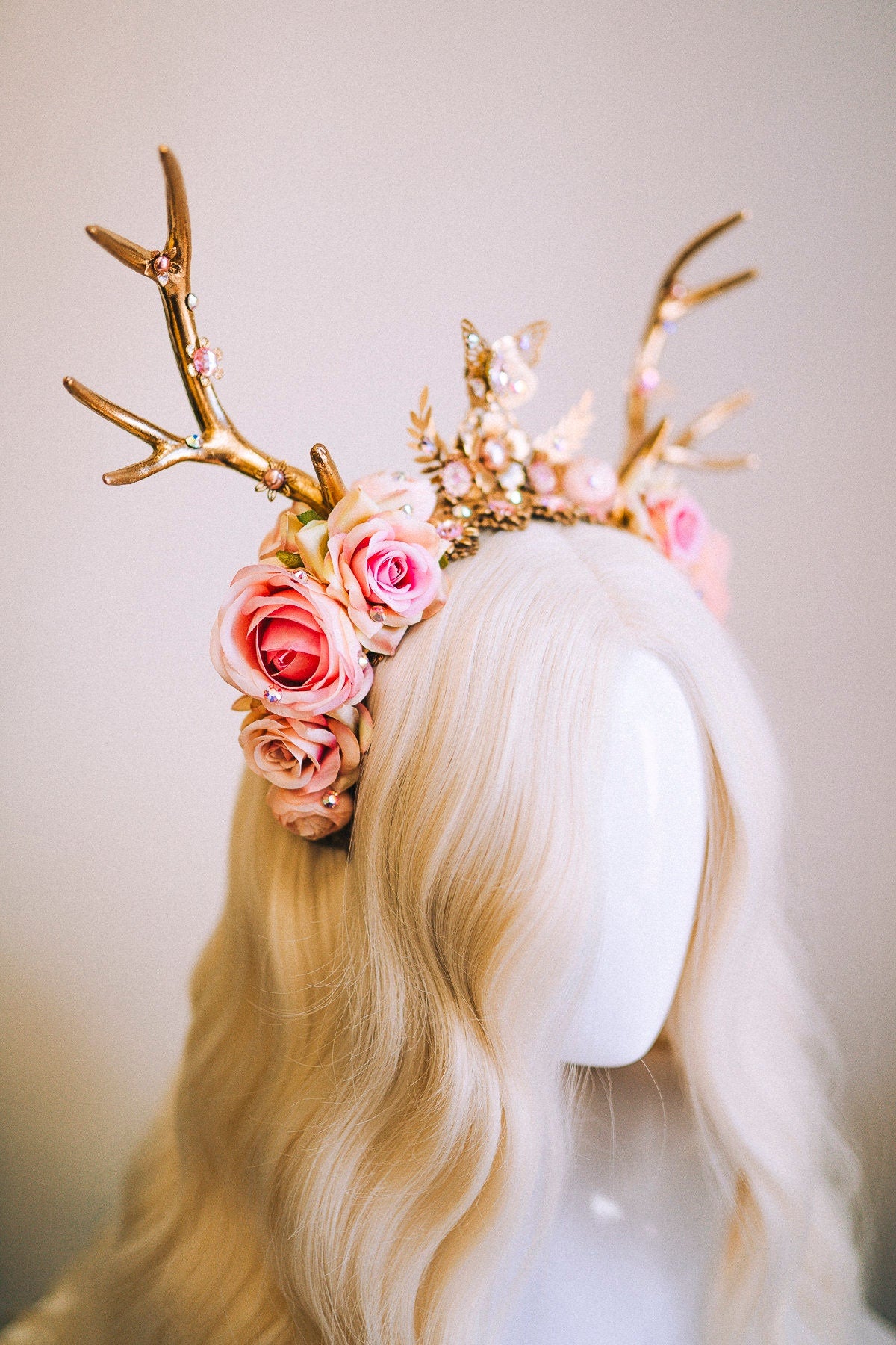 Deer Flower Crown, Headband, Headpiece, Gold Horns Crown, Pink Tiara, Halloween Party Crown, Festival, Burning man, Halloween, Deer Costume