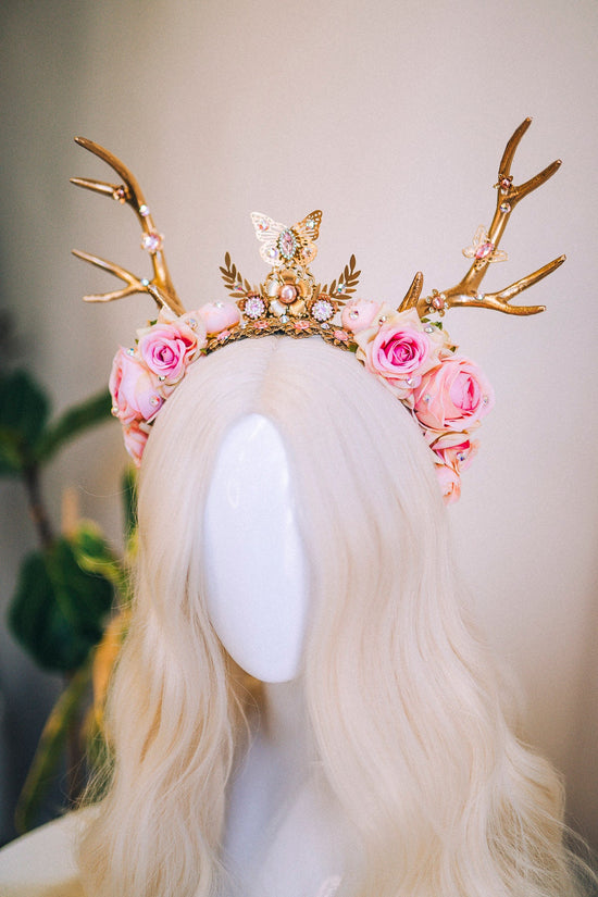 Deer Flower Crown, Headband, Headpiece, Gold Horns Crown, Pink Tiara, Halloween Party Crown, Festival, Burning man, Halloween, Deer Costume