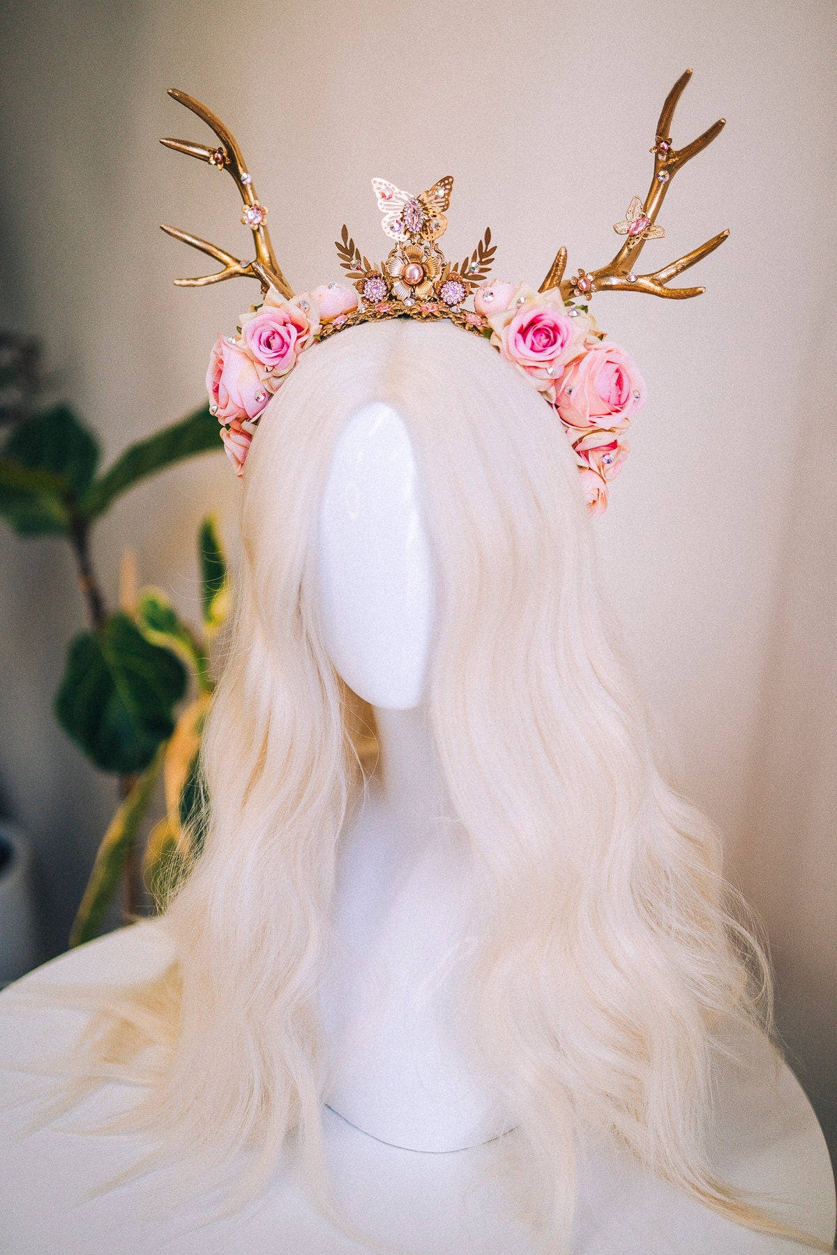 Deer Flower Crown, Headband, Headpiece, Gold Horns Crown, Pink Tiara, Halloween Party Crown, Festival, Burning man, Halloween, Deer Costume