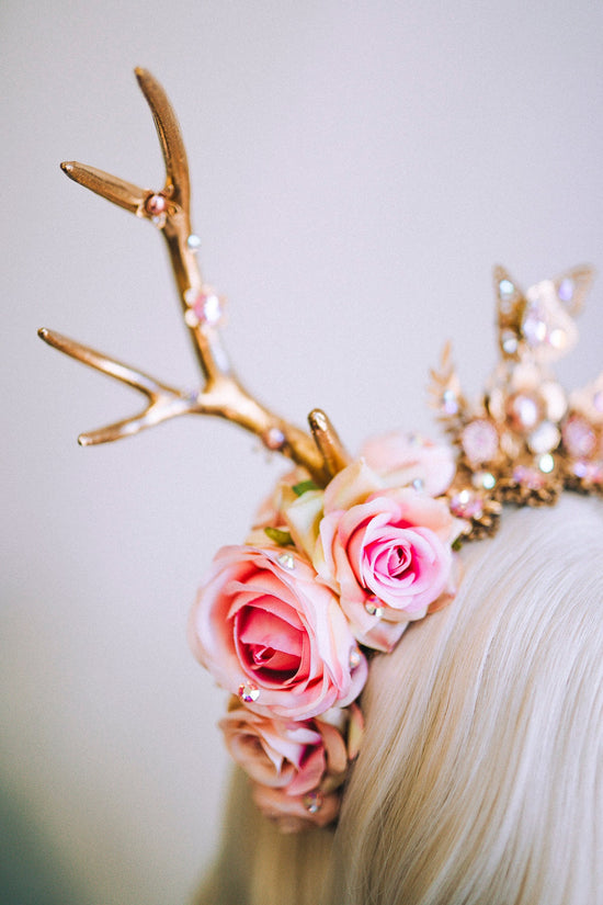 Deer Flower Crown, Headband, Headpiece, Gold Horns Crown, Pink Tiara, Halloween Party Crown, Festival, Burning man, Halloween, Deer Costume