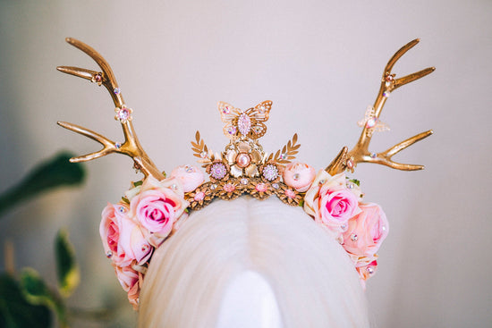 Deer Flower Crown, Headband, Headpiece, Gold Horns Crown, Pink Tiara, Halloween Party Crown, Festival, Burning man, Halloween, Deer Costume