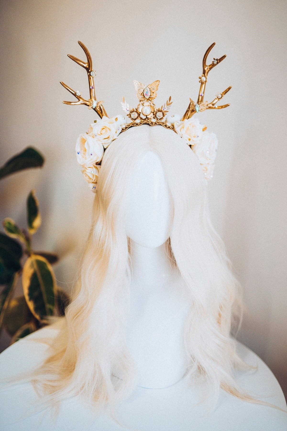 Deer Flower Crown, Headband, Headpiece, Gold Horns Crown, Beige Tiara, Halloween Party Crown, Festival, Burning man, Halloween, Deer Costume