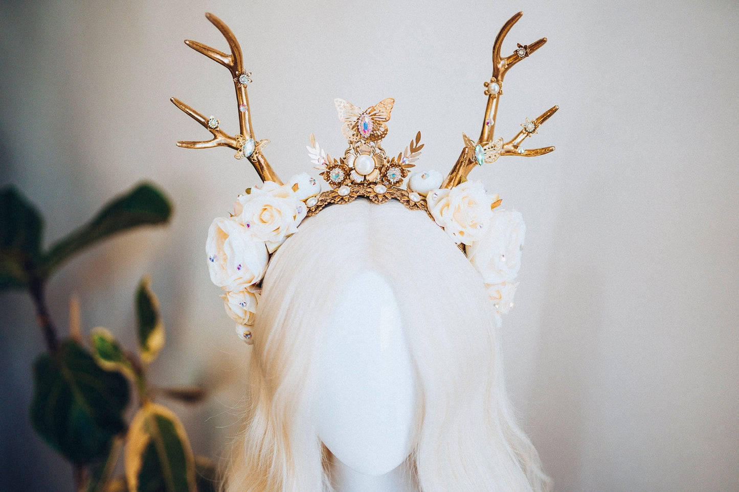 Deer Flower Crown, Headband, Headpiece, Gold Horns Crown, Beige Tiara, Halloween Party Crown, Festival, Burning man, Halloween, Deer Costume