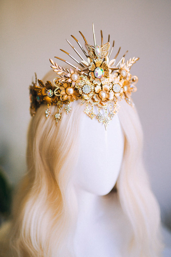 Elf crown Sun Crown Celestial Gold Tiara Sun Shine Headpiece Fairy Crown Halo Festival Tiara Wedding Crown Boho Festival Bride