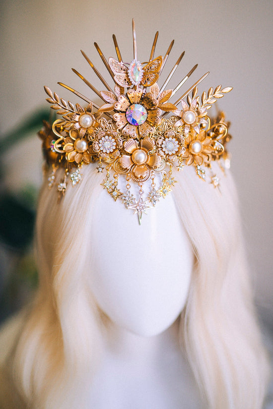 Elf crown Sun Crown Celestial Gold Tiara Sun Shine Headpiece Fairy Crown Halo Festival Tiara Wedding Crown Boho Festival Bride