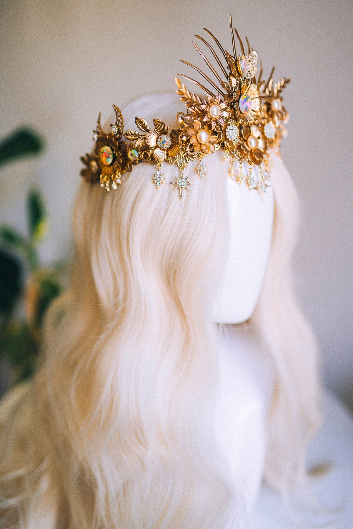 Elf crown Sun Crown Celestial Gold Tiara Sun Shine Headpiece Fairy Crown Halo Festival Tiara Wedding Crown Boho Festival Bride