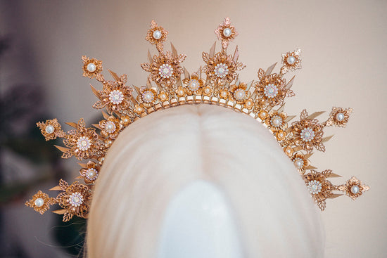 Gold halo crown, Wedding headpiece, Bridal crown, Fairy crown, Pearl crown, Wedding crown, Bridal headpiece, Hair accessories