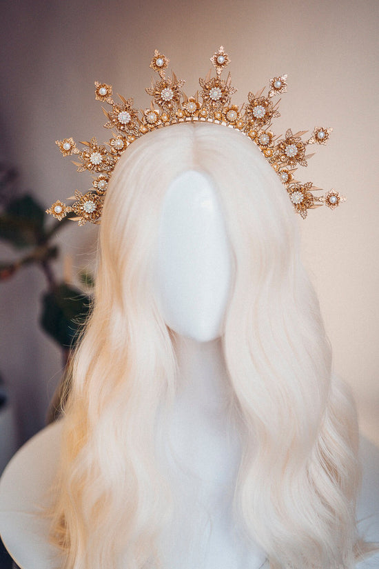 Gold halo crown, Wedding headpiece, Bridal crown, Fairy crown, Pearl crown, Wedding crown, Bridal headpiece, Hair accessories