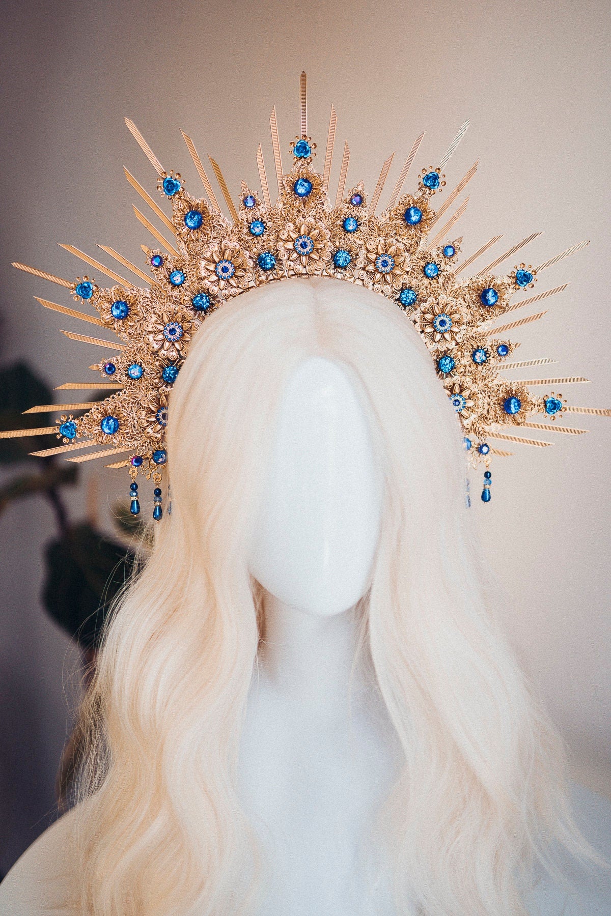 Gold Halo Crown Halo Headpiece Festival crown Festival headpiece Royal Blue Halo Wedding Crown Halo Boho Wedding Halo Headband