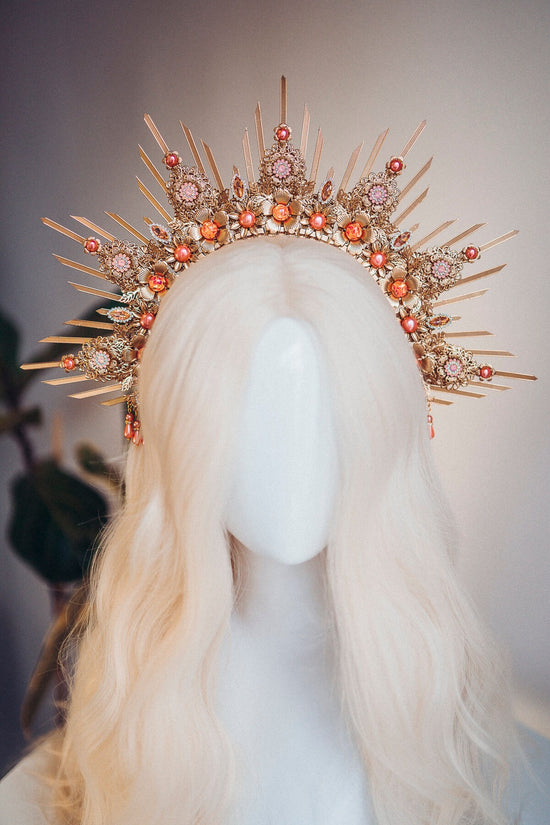 Gold Halo Crown, Halo Headpiece, Festival crown, Festival headpiece, Peach Coral Halo, Wedding Crown, Halo crown, Boho Wedding,Halo Headband