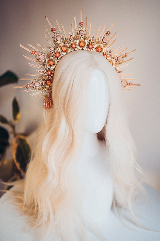 Gold Halo Crown, Halo Headpiece, Festival crown, Festival headpiece, Peach Coral Halo, Wedding Crown, Halo crown, Boho Wedding,Halo Headband