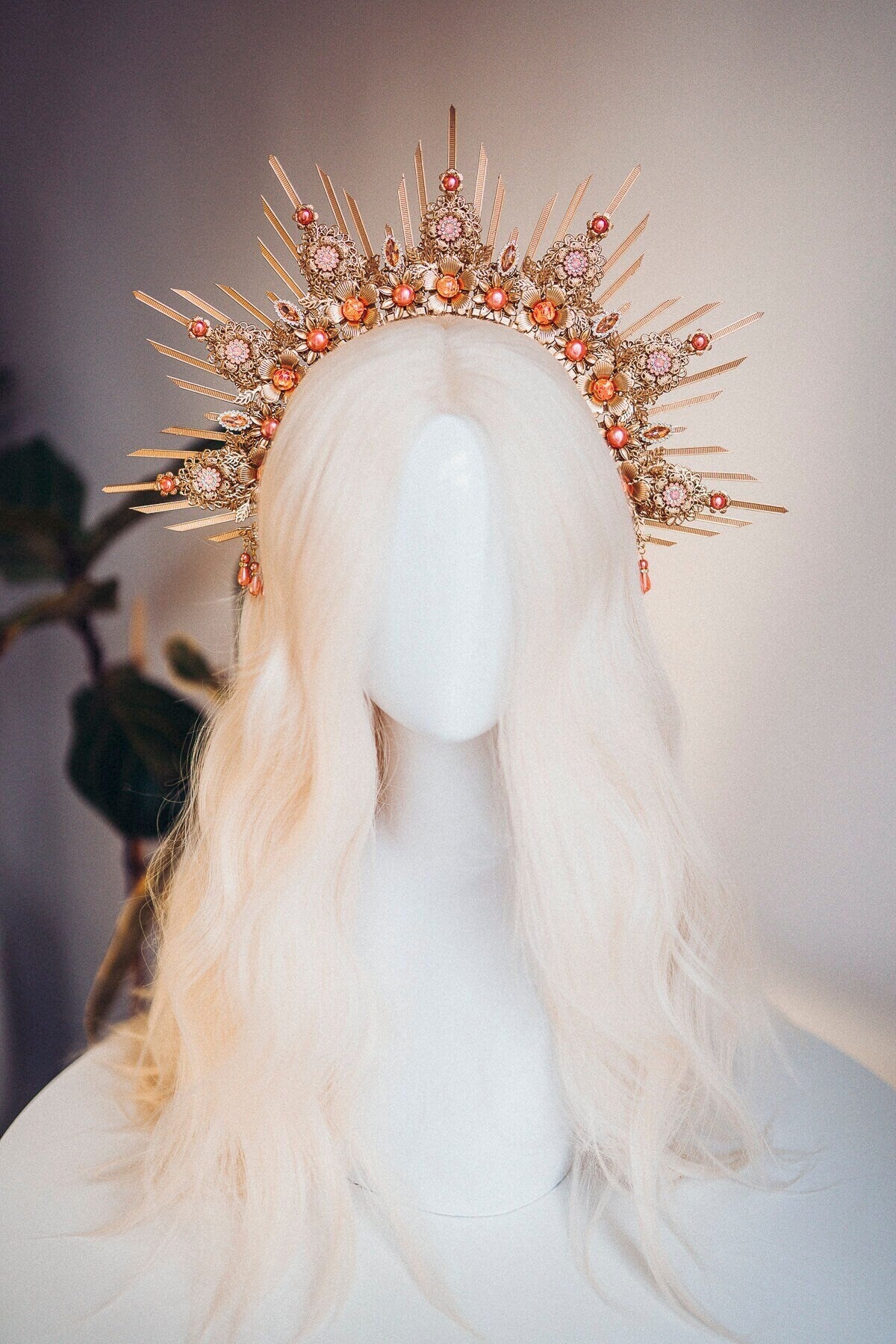 Gold Halo Crown, Halo Headpiece, Festival crown, Festival headpiece, Peach Coral Halo, Wedding Crown, Halo crown, Boho Wedding,Halo Headband