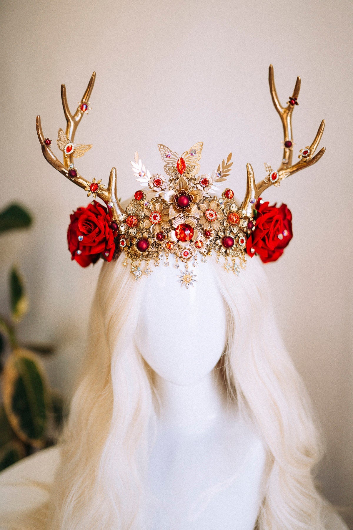 Deer Flower Crown Reindeer Headband Gold Horns Crown Halloween Party Crown Festival Headpiece Burning man Carnival Deer Costume Mardi Gras