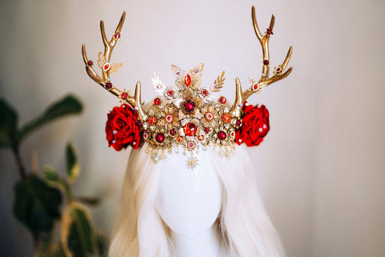 Deer Flower Crown Reindeer Headband Gold Horns Crown Halloween Party Crown Festival Headpiece Burning man Carnival Deer Costume Mardi Gras