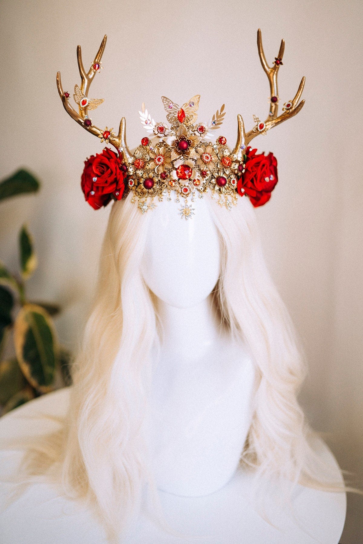 Deer Flower Crown Reindeer Headband Gold Horns Crown Halloween Party Crown Festival Headpiece Burning man Carnival Deer Costume Mardi Gras