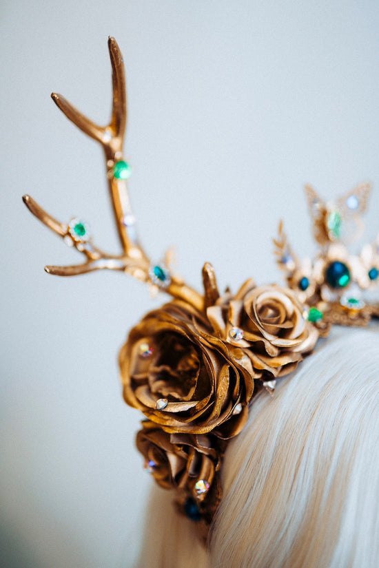 Deer Flower Crown, Headband, Headpiece, Gold Horns Crown, Green Tiara, Halloween Party Crown, Festival, Burning man, Halloween, Deer Costume