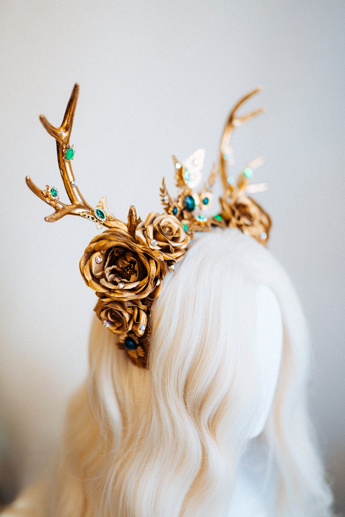 Deer Flower Crown, Headband, Headpiece, Gold Horns Crown, Green Tiara, Halloween Party Crown, Festival, Burning man, Halloween, Deer Costume