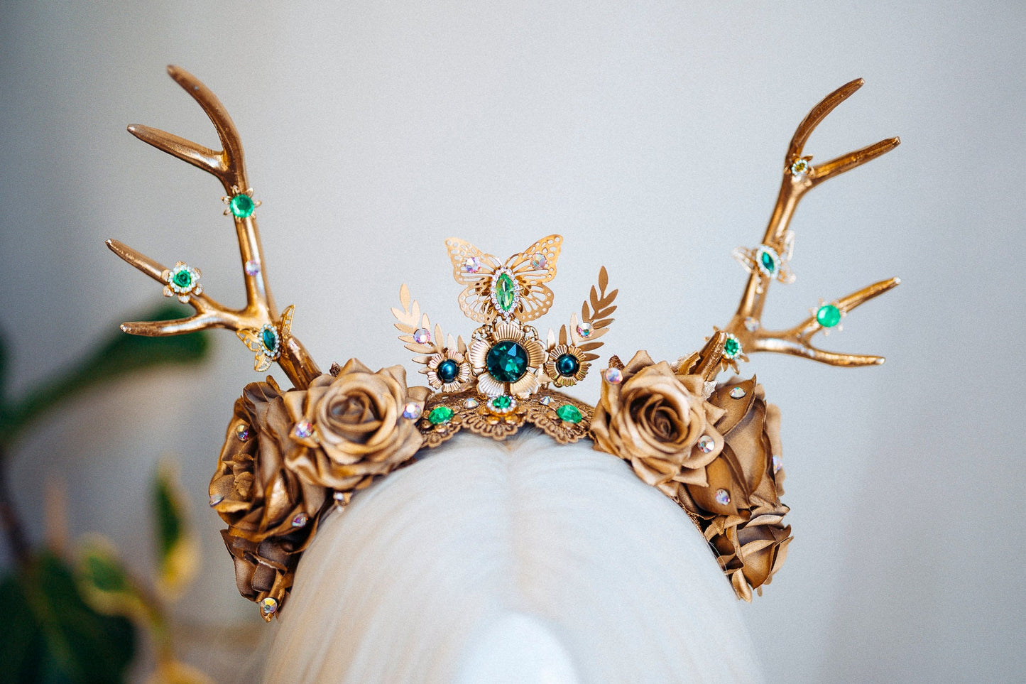 Deer Flower Crown, Headband, Headpiece, Gold Horns Crown, Green Tiara, Halloween Party Crown, Festival, Burning man, Halloween, Deer Costume