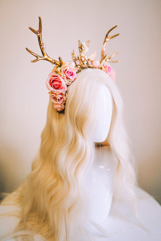 Deer Flower Crown, Headband, Headpiece, Gold Horns Crown, Pink Tiara, Halloween Party Crown, Festival, Burning man, Halloween, Deer Costume