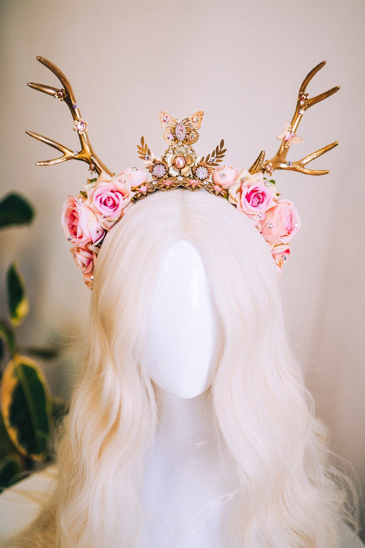 Deer Flower Crown, Headband, Headpiece, Gold Horns Crown, Pink Tiara, Halloween Party Crown, Festival, Burning man, Halloween, Deer Costume