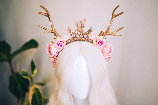 Deer Flower Crown, Headband, Headpiece, Gold Horns Crown, Pink Tiara, Halloween Party Crown, Festival, Burning man, Halloween, Deer Costume