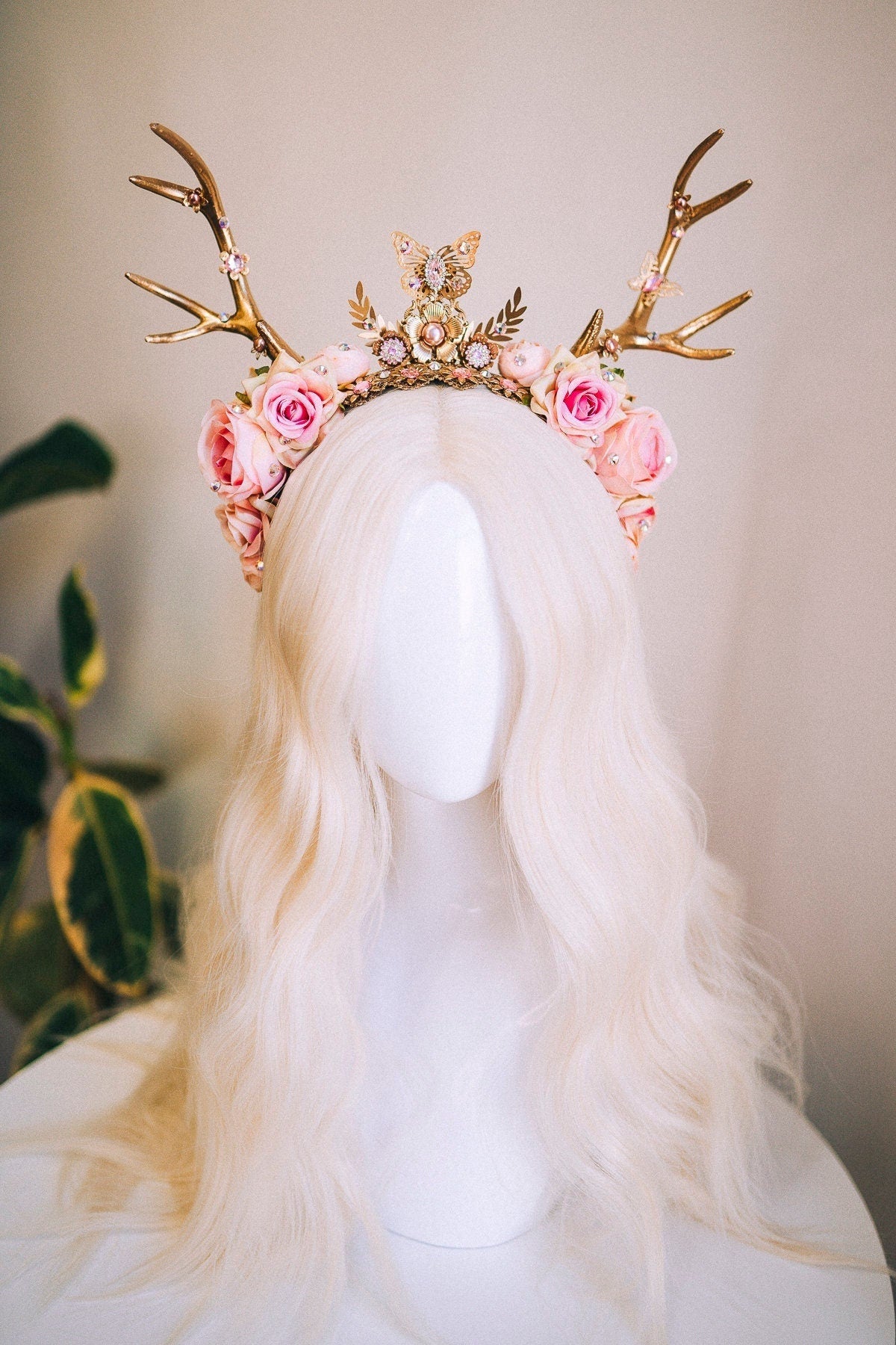 Deer Flower Crown, Headband, Headpiece, Gold Horns Crown, Pink Tiara, Halloween Party Crown, Festival, Burning man, Halloween, Deer Costume