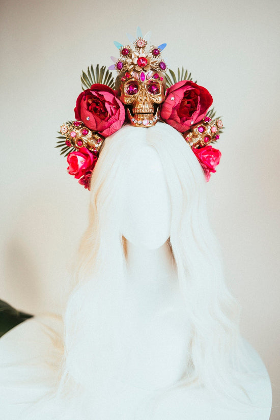 Red flower crown, Gold halo crown, La Catrina crown, Halloween headband, Halloween costume, Halloween headpiece, Flower headpice, Spooky