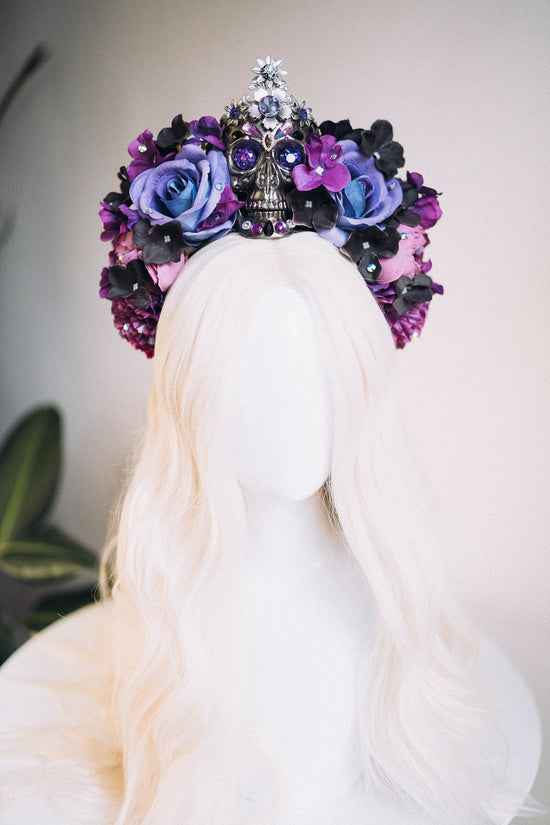 Purple flower crown, Gold halo crown, La Catrina crown, Halloween headband, Halloween costume, Halloween headpiece, Flower headpiece, Spooky