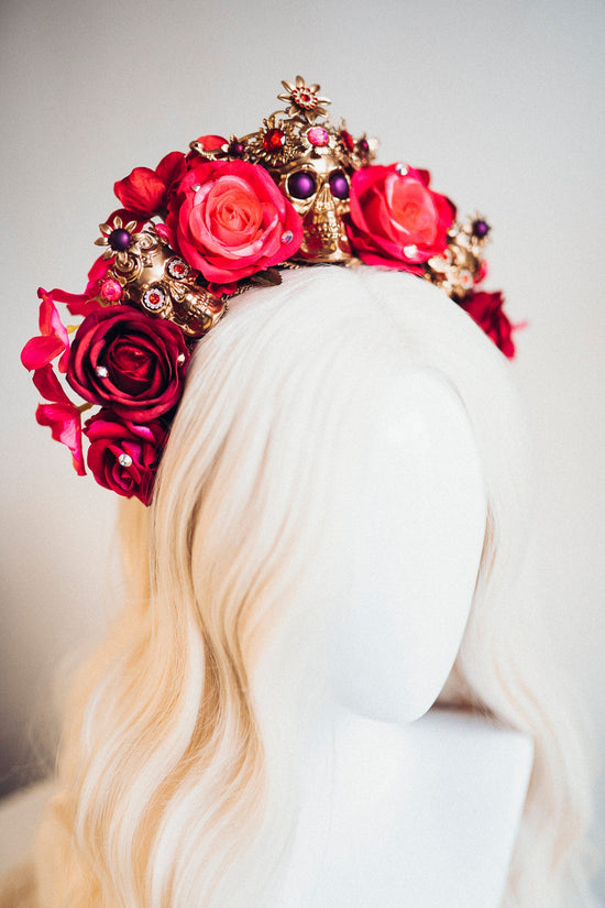 Red flower crown, Gold halo crown, La Catrina crown, Halloween headband, Halloween costume, Halloween headpiece, Flower headpiece, Spooky