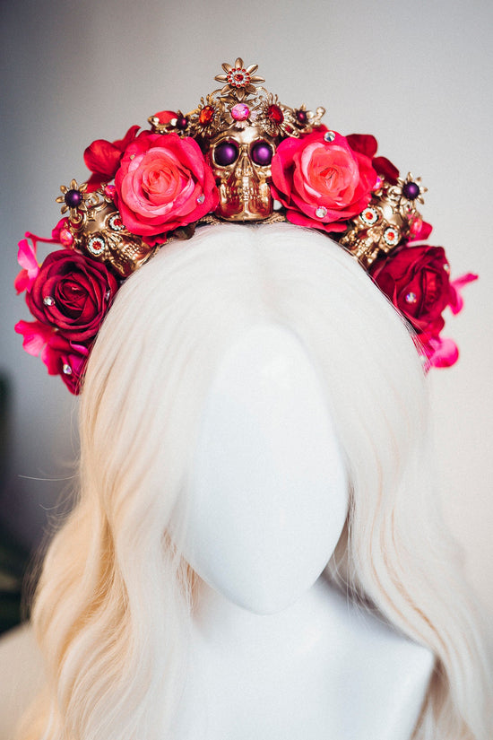 Red flower crown, Gold halo crown, La Catrina crown, Halloween headband, Halloween costume, Halloween headpiece, Flower headpiece, Spooky